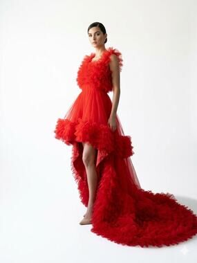 Red High-Low Tulle Gown Tiered Ruffle Dress with Train Evening Photography small